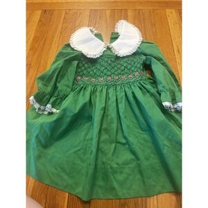 Vintage Polly Flinders Hand Smocked Green Floral‎ Embroidered Dress Girls Sz 6